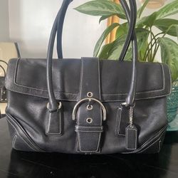 Coach Vintage  Black Leather White Stitch Two Handle Fold over Buckle Bag