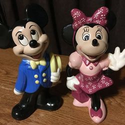 Disney Ceramic Mickey Mouse And Minnie Mouse Figures 9" Blue Suit Top Hat Mickey Pink Dress Minnie