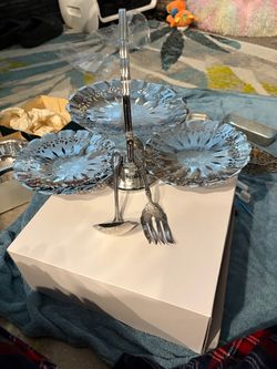 Silver 2-Tier Dessert Stand with Serving Utensils