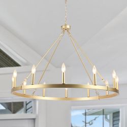 12-Light 38 In. W Vintage Gold Candle Wagon Wheel Chandelier For Dining Room