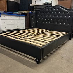 Black Leather Tufted Queen Size Platform Bed Frame