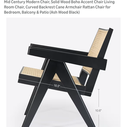 Mid Century Modern Chair, Solid Wood Boho Accent Chair Living Room Chair, Curved Backrest Cane Armchair Rattan Chair for Bedroom, Balcony & Patio (Ash