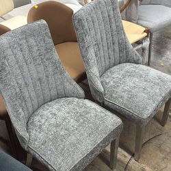 Aukfa Set of 2 Modern Chenille Dining Chairs, Upholstered Side Chair for Kitchen Decorative Chair with Stainless Steel Legs, Gray