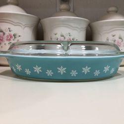 Vintage Pyrex Turquoise Snowflake Divided Casserole Dish