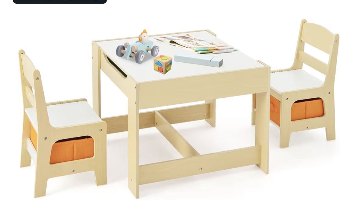 Olakids Kids Table and Chair Set, 3 in 1 Wood Children Desk Set with Removable Blackboard, Storage Drawers, Toddlers Activity Table Furniture for Art