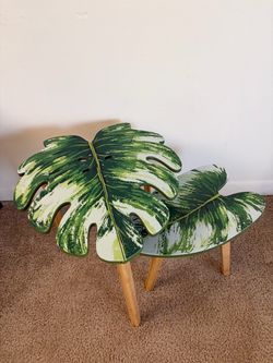 BAMEOS Monstera Leaf Nesting Tables Set of 2, Small Side Tables f Set with Leaf Vein Pattern