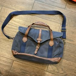Crossbody bag, blue canvas material brown trim wrap over handle Long strap Indiana Jones