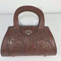 Vintage Hand Tooled Peru Lima Aztec Mayan Handbag Purse Hieroglyphics Embossed
