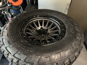 Rims: Arena 17" x 9", 6x139.7 Bolt Pattern, 106.1mm Hub Mounted Tires: Nitto Recon Grappler A/T LT285/70R17 116T. Rims can be separated and availabl