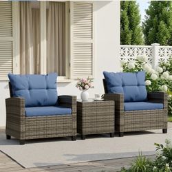 3 Pieces Patio Furniture Set Outdoor Wicker Conversation Bistro Set Outdoor Patio Chairs with Tempered Glass Table Blue