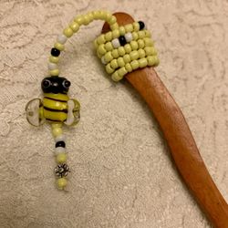 Wooden Handcrafted Beaded Chopstick Hair Pin With Glass Bumblebee Bead, 7”