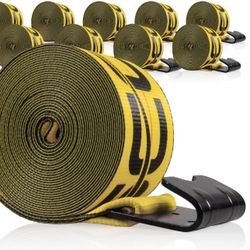 US Cargo Control Winch Straps 4" X 30' (10-Pack), 5,400 LBS Working Load Limit, Heavy Duty Flatbed Tie Downs With Flat Hooks, Yellow 4 Inch Straps For