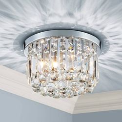 Crystal Flush Mount Ceiling Light Fixture, Close to Ceiling, Modern Design, 3-Lights