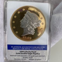 1849 Liberty Head $20 Double Eagle Replica – Proof Gold/Platinum Accents