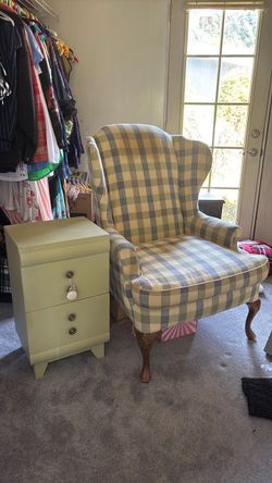 Wing back chair matching side table with drawers