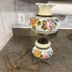 Vintage Mid Century White Beige Pink Painted Rose Glass Hurricane Lamp Scalloped Top