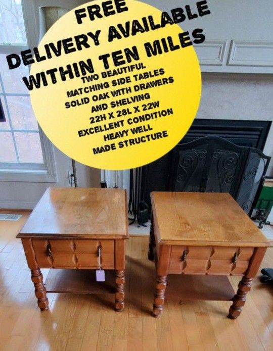 Two Matching Solid Oak Side Tables Excellent Condition
