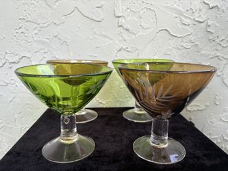 MICHAEL WEEMS Green/Amber Etched-Tropical Martini/Margarita Glasses Set (of 4)