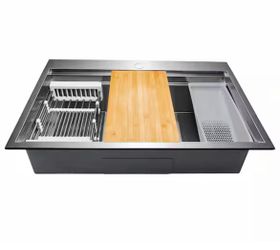 AKDY Handmade All-in-One Top mount Stainless Steel 33 in. x 22 in. Single Bowl Kitchen Sink w/ Spring Neck Faucet, Accessory @pal-522