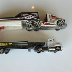 Pair Of Hot Wheels Tractor Trailer Auto City1998 And Other 2014 Toy Cars