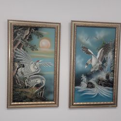 TWO CHINESE VINTAGE ART GLASS SILVER EAGLE AND CRANE 24X38" FRAMED 
