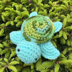 Aqua And Greens Small Crochet Turtle 