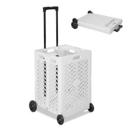 New White Foldable Rolling Cart Crate Collapsible Basket with Wheels & Telescopic Handle