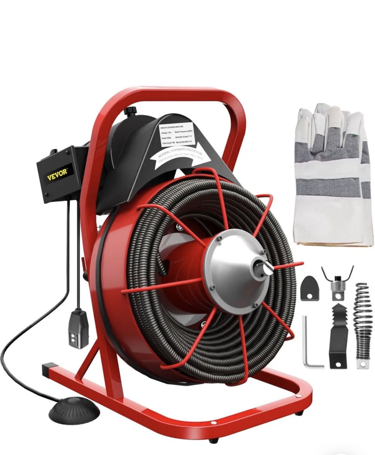 VEVOR 75FT x 3/8 Inch Drain Cleaning Machine, 250W Electric Drain Auger, Portable Sewer Snake Auger Cleaner with Cutters & Air-Activated Foot Switch f