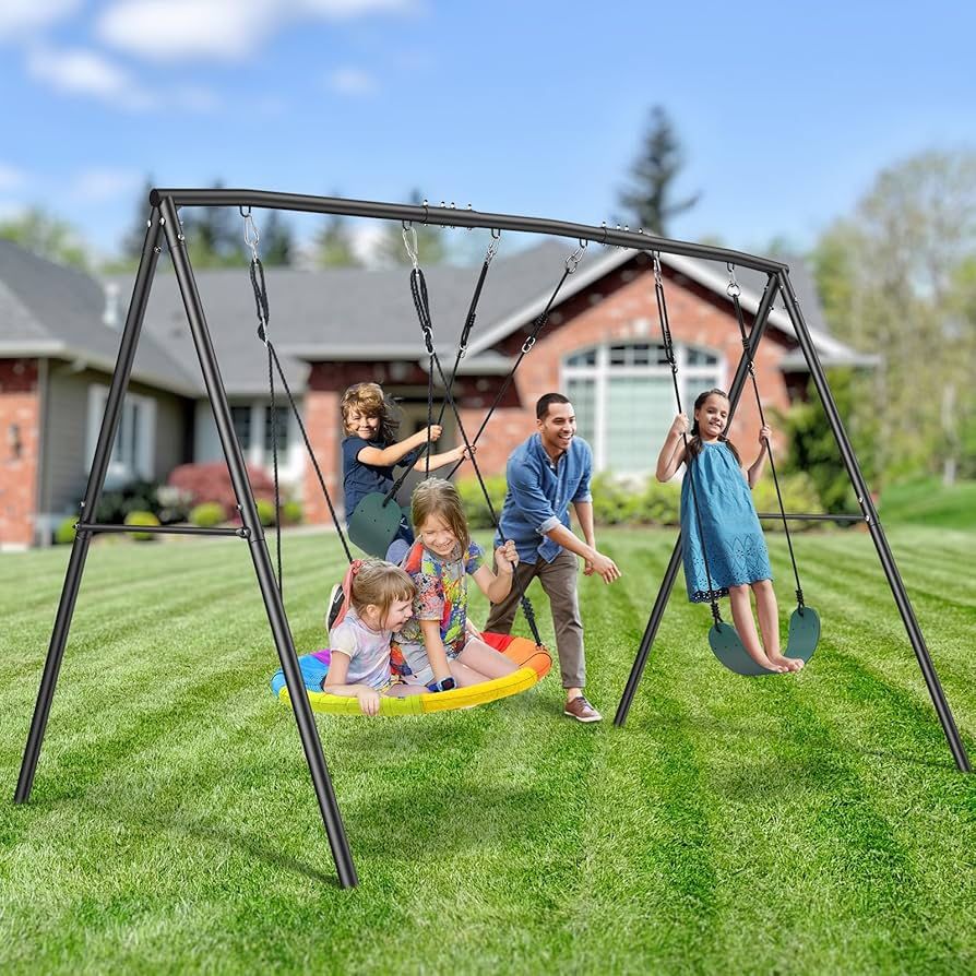 Hapfan Heavy Duty 500lbs Metal Swing Set for Backyard with Saucer, Outdoor Triple Swing, Easy to Assemble