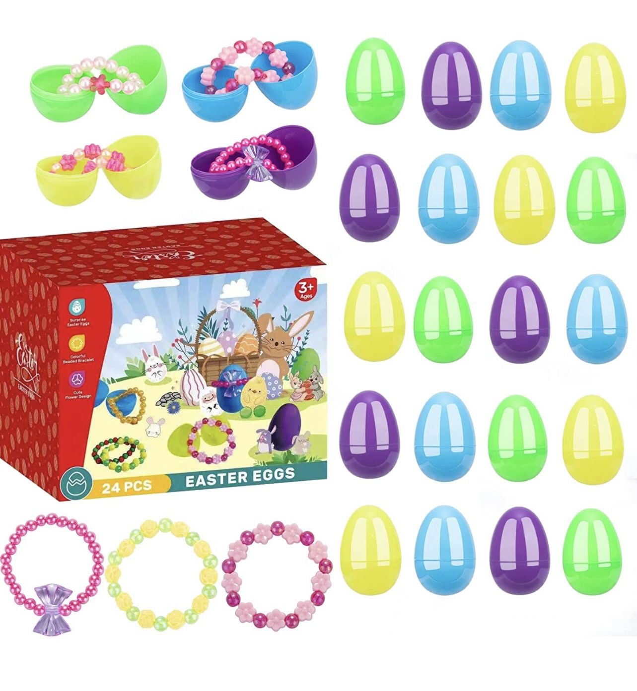 Fillable Plastic Easter Eggs Prefilled with Colorful Beaded Bracelets,Surprise Eggs Bulk,Basket Stuffers for Party Favor Easter Hunt Games,Classroom