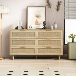 Modern Rattan Storage Cabinet with 6 Drawers, Multifunctional Dresser Table with Wooden Frame, Side Console Table for Bedroom, Living Room, Dining Roo