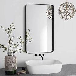 Bathroom Mirror, 24x38 Inch Black Metal Mirror with Rounded Corner Rectangle