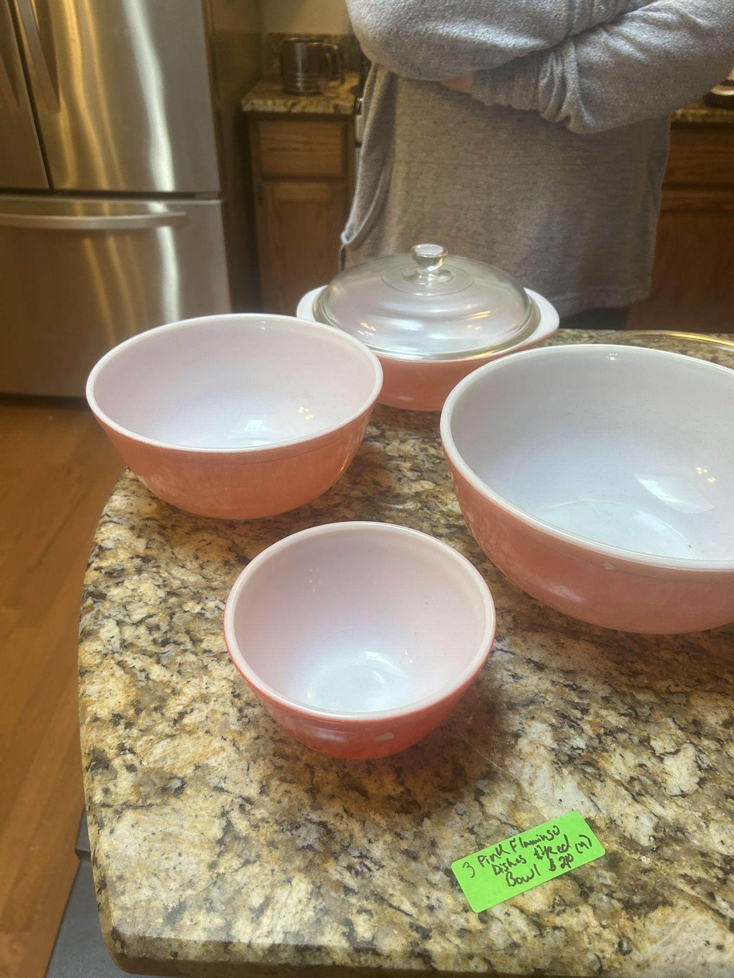 Lot of 4 Pyrex Dishes: Flamingo Pink 24 Casserole Dish, 403 & 404 Large Mixing Bowls, & 402 Red Bowl