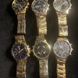 Brand new set of 6 gold tone watches. Each watch has its band still covered in protective plastic. Great for gifts or just adding some bling to your c