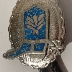 Vintage Bolo Tie Silver And Crushed Turquoise Cowboy Boot Design