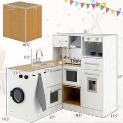 2-Piece Corner Play Kitchen, Wooden Play Kitchen w/Washing Machine, Realistic Light & Sound, Coffee