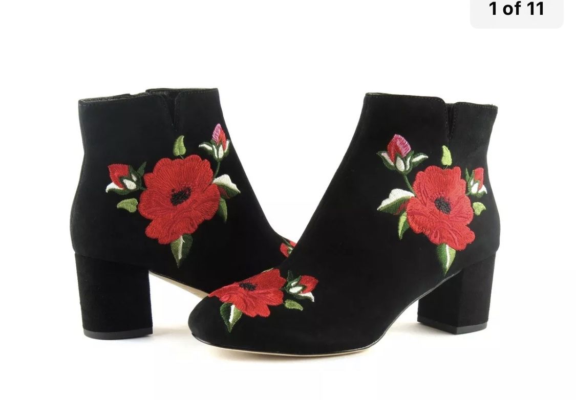 Kate Spade Langton Black Suede Embroidered Bootie