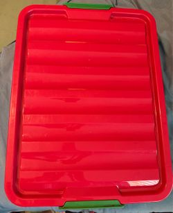 Red Plastic Storage Container with Green Latches