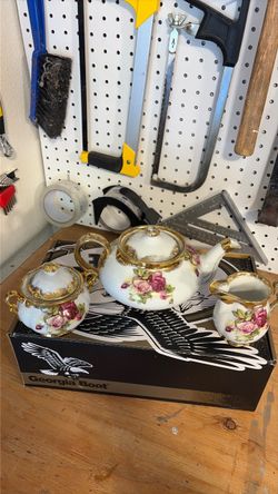 Porcelain Tea Set with Gold Trim and Floral Design