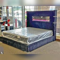 King or Queen size Corduroy Upholstered bed frame with Fireplace visualization. LED USB