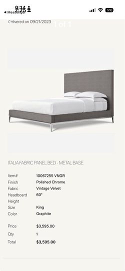 Restoration Hardware King bed "Italia" Vintage Velvet in Graphite. Polished chrome legs. Retail 3500.00. Never used