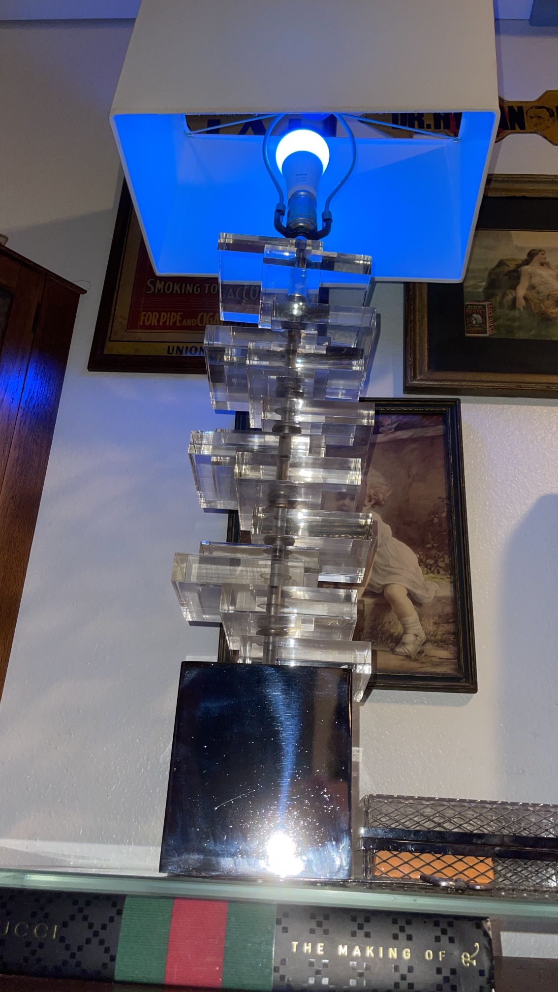 Heavy, TALL,  Vintage STAINLESS STEEL/Lucite Table Lamp 