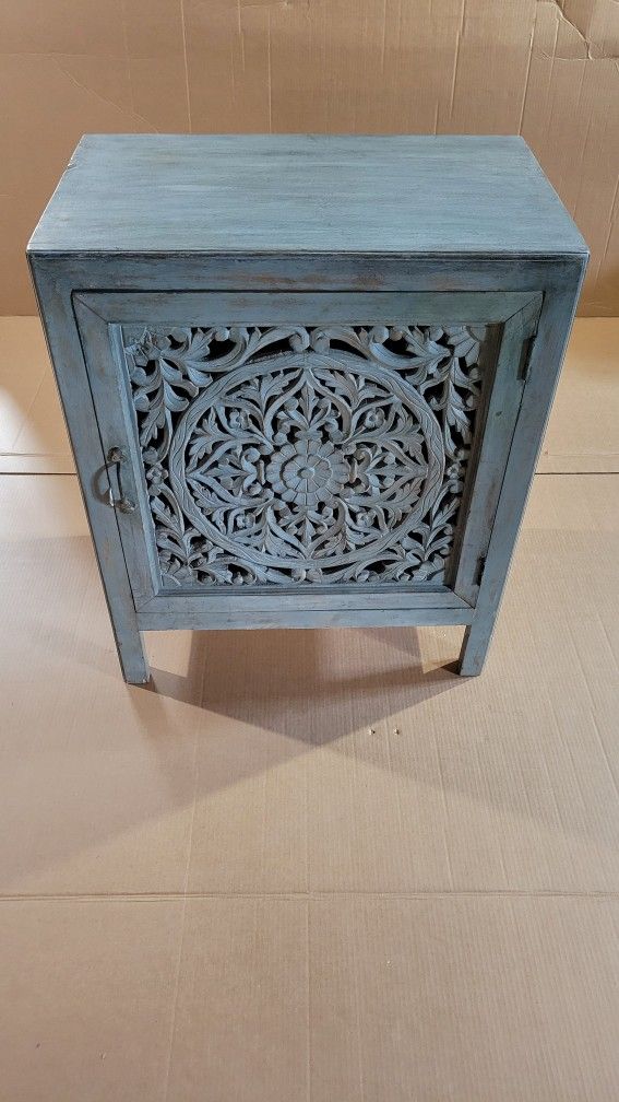 Reclaimed Solid Wood Light Blue Boho Bohemian Hand Carved Side Console Media Table