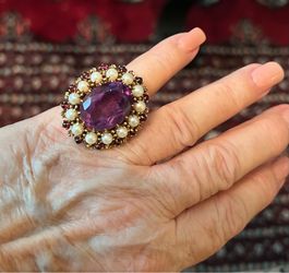 14k Heavy gold HUGE amethyst pearl garnet cocktail ring