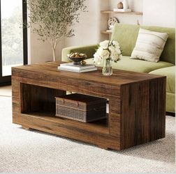 43" Farmhouse Coffee Table with Storage - Rustic Wooden Center Table with Spacious Drawer and Open Shelf, Living Room Accent Table, Durable & Stylish