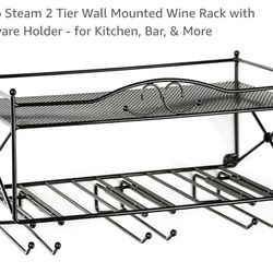 Mango Steam 2 Tier Wall Mounted Wine Rack with Stemware Holder - for Kitchen, Bar, & More