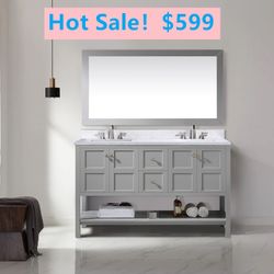 60”grey double sink bathroom vanity with carrara white marble stone top
