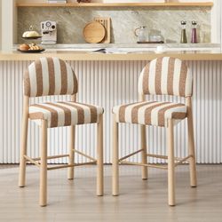 Upholstered Linen Bar Stools Set of 2, 26" Modern Counter Height Barstools with Arched Back & Solid Wood Legs, Farmhouse Wooden Kitchen Island Chairs,