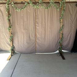 Wedding Arch Decorated With Lights And Green Garland