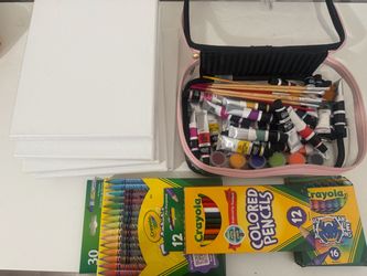 Art Supplies Bundle – Paint, Brushes, Colored Pencils & 6 Canvases